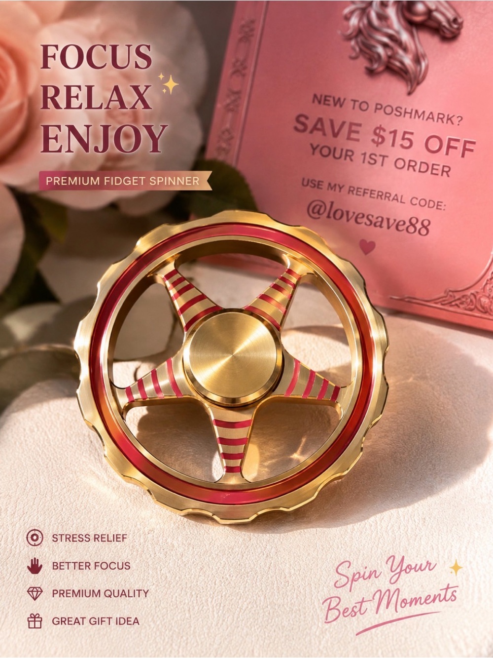 Red & Gold Metal Fidget Spinner 5-Spoke Stress Relief Toy